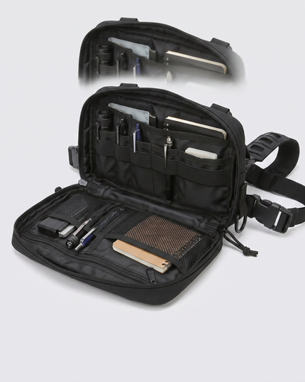 Sac Poitrine Randonnée Chasse Noir - vue ouverte compartiments