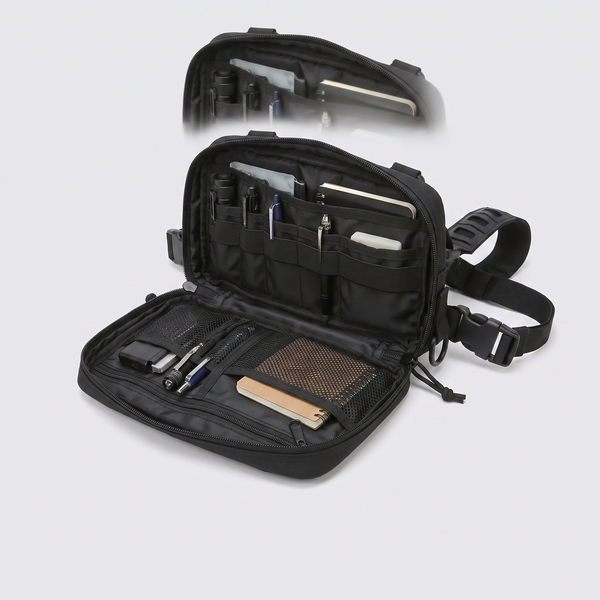 Sac Poitrine Randonnée Chasse Noir - vue ouverte compartiments