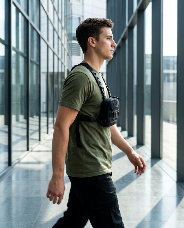 Sac Poitrine Randonnée Chasse Noir - mannequin homme allée moderne